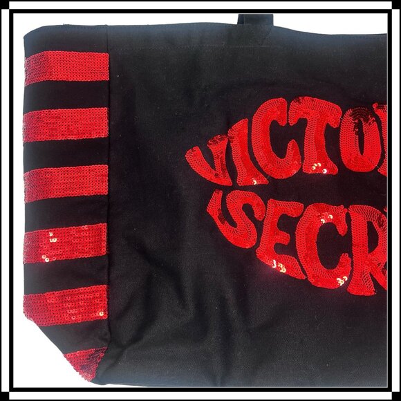 VICTORIA'S SECRET Sequin Black and Red Canvas Tote Bag - Picture 3 of 8
